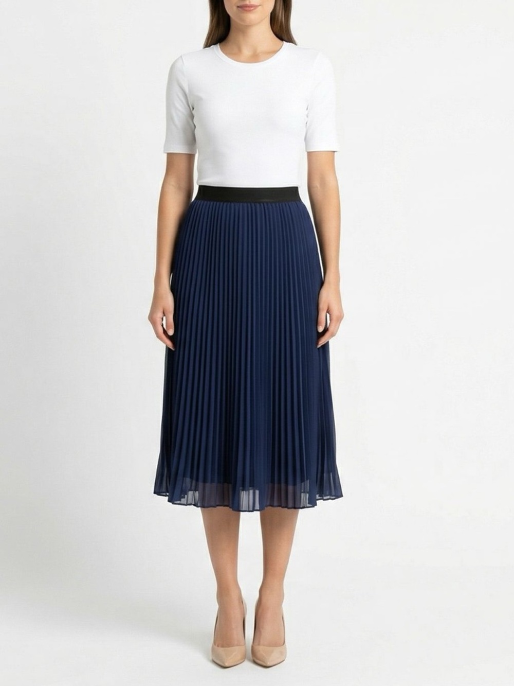 Zara Navy Blue Pleated Midi Skirt with Black Waistband